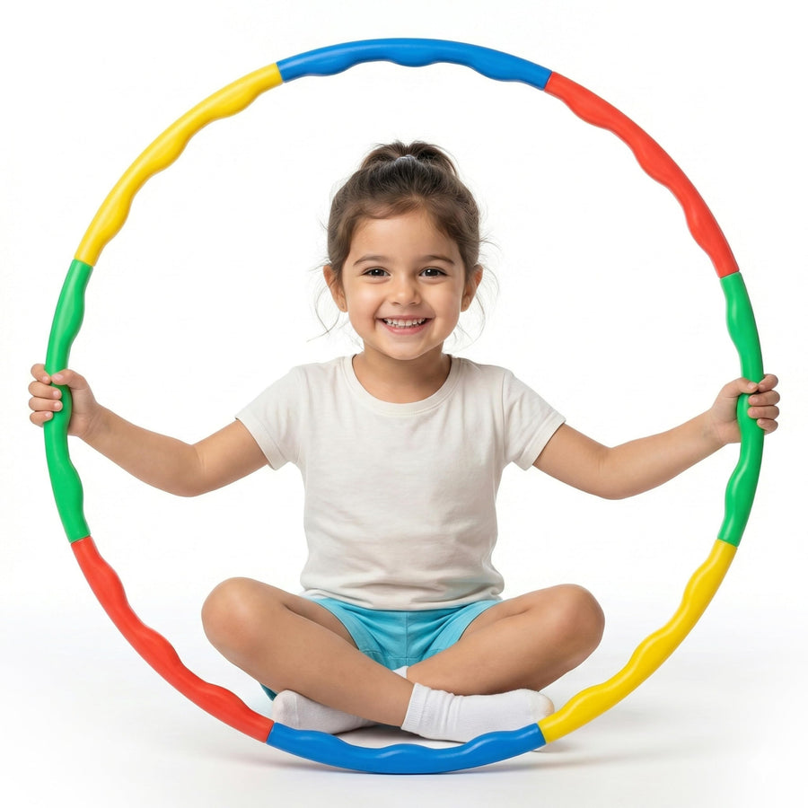 A cheerful child sits cross-legged inside a colorful hula hoop, featuring bright red, blue, green, and yellow segments. The child smiles widely, wearing a white t-shirt and blue shorts.