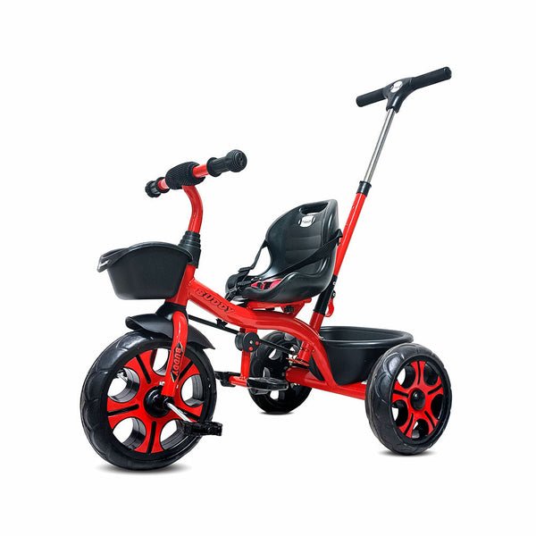 Bright red tricycle designed for kids, featuring a comfortable seat, adjustable handlebar, and sturdy wheels. Ideal for outdoor play with parental control options.