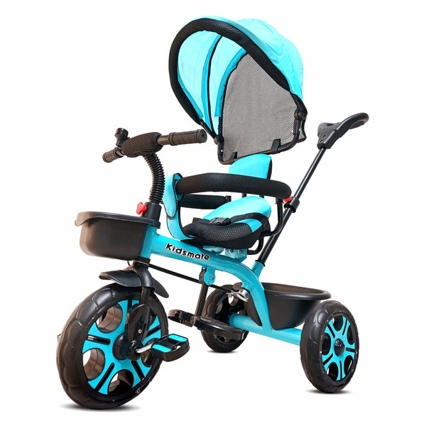 A vibrant blue tricycle designed for children, featuring a comfortable seat, adjustable canopy, and sturdy wheels. The brand Kidsmate is displayed on the frame.