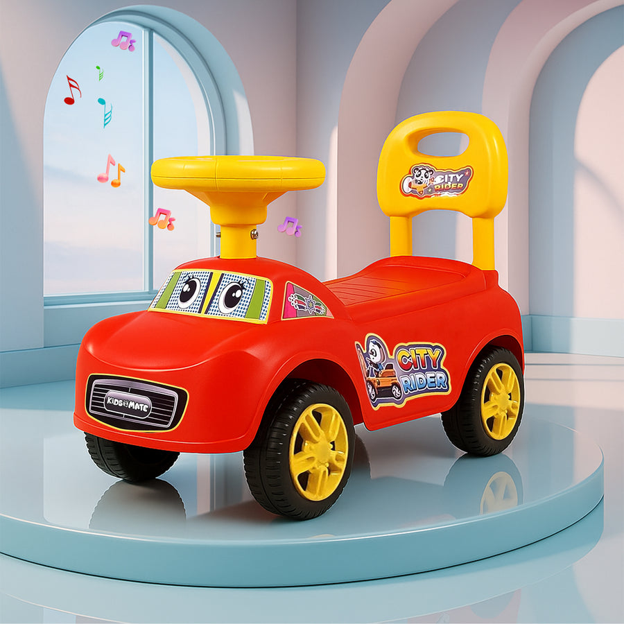 Bright red ride-on push car designed for kids, featuring a cheerful face, yellow steering wheel, and comfortable seat. Decorated with musical notes in a playful, colorful setting.