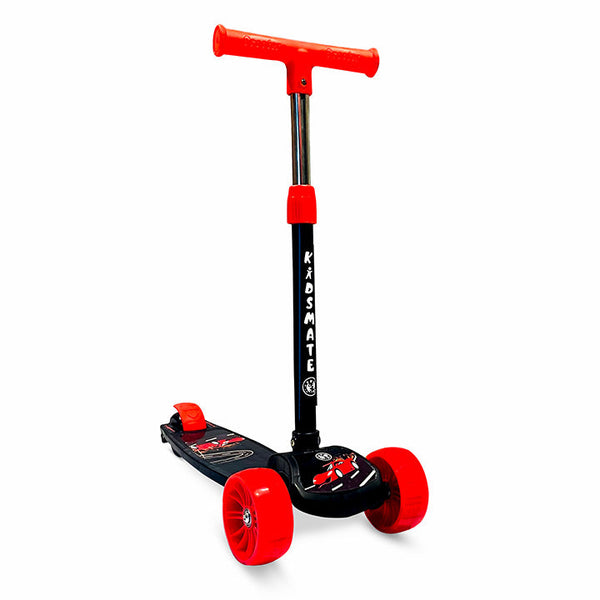 A vibrant red and black kick scooter designed for kids, featuring a sturdy T-bar handle, wide wheels, and a playful design. The brand name 'Kidsmate' is visible on the scooter.