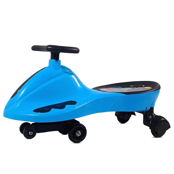 A vibrant blue drift swing car designed for kids, featuring a sleek, aerodynamic shape and a comfortable seat. It has four wheels for smooth gliding and a steering handle for easy maneuverability.