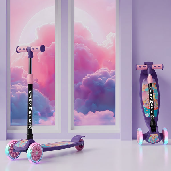A vibrant pink and purple three-wheel kick scooter featuring illuminated wheels. The scooter is set against a pastel-colored backdrop with fluffy clouds, creating a cheerful atmosphere.