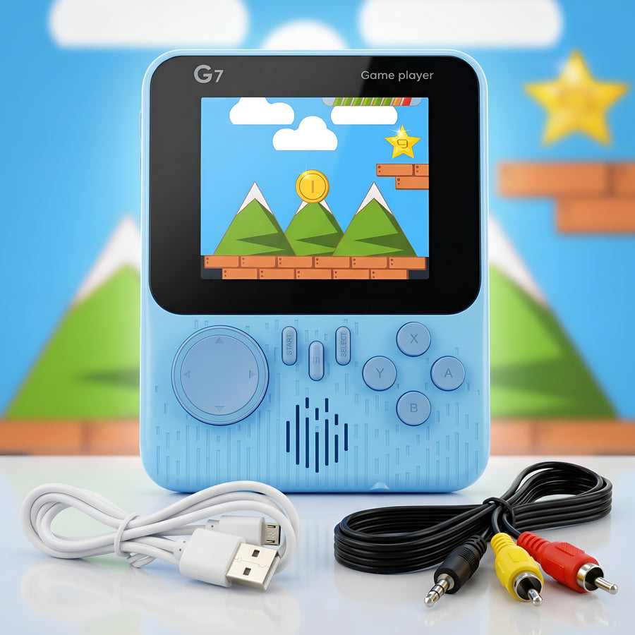 A blue handheld gaming console featuring a colorful screen displaying a game scene with mountains and coins. Includes USB and AV cables for connectivity.