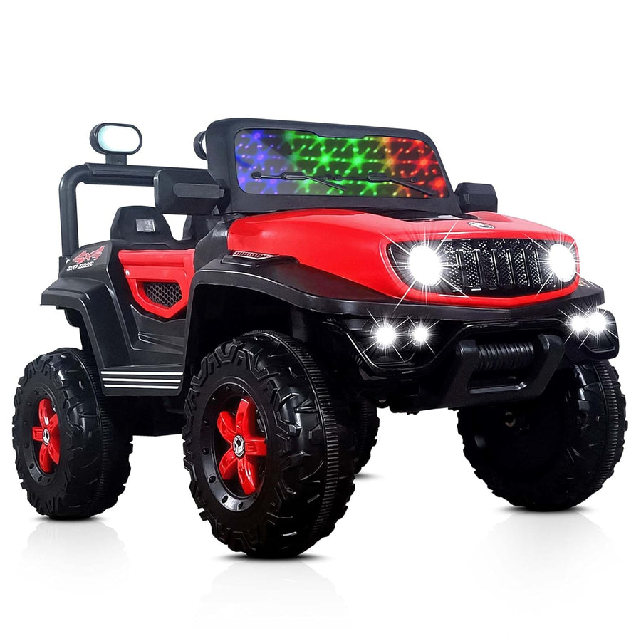 Vibrant red battery-operated baby car jeep designed for kids, featuring large black wheels, bright headlights, and a colorful light display on the windshield, perfect for outdoor adventures.