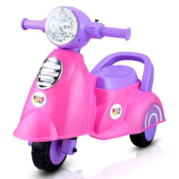 A vibrant pink and purple push scooter designed for kids, featuring a front headlight and comfortable seat. The scooter has a playful design with the Kidsmate logo visible.