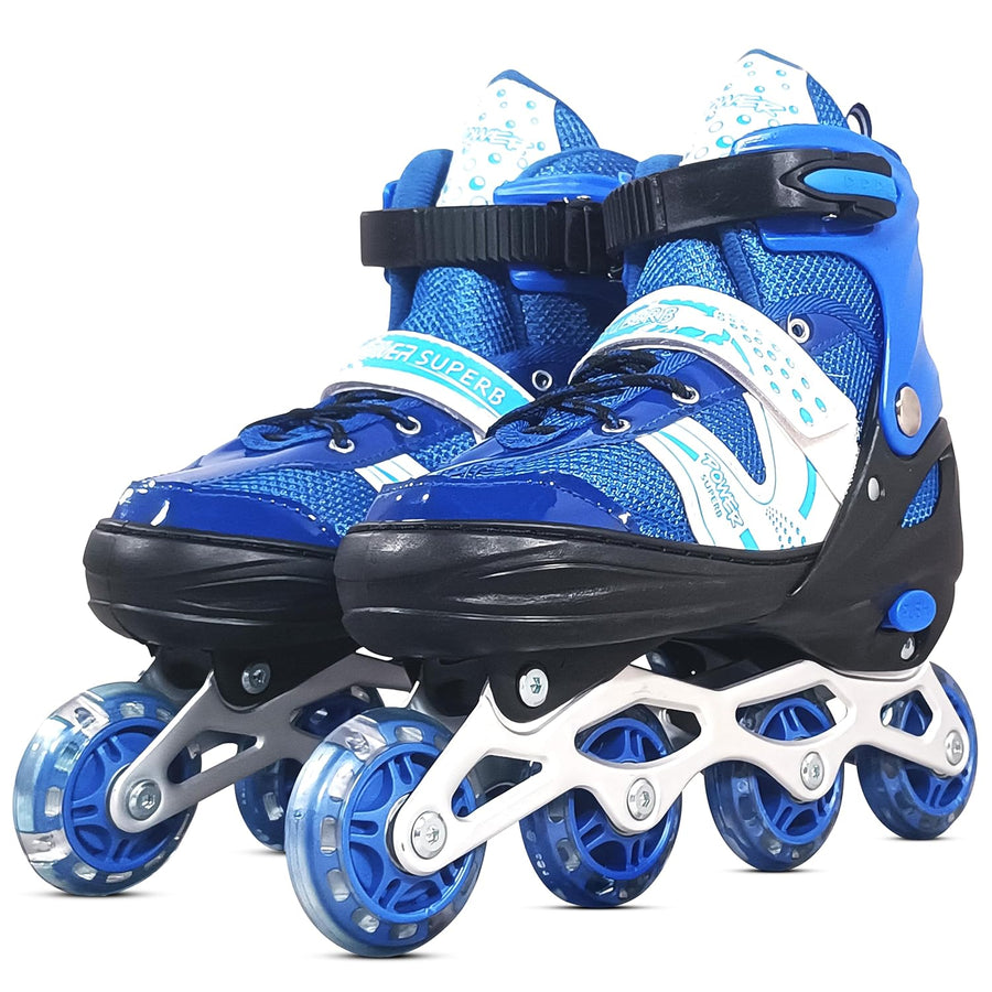 Bright blue inline skates designed for kids, featuring a sturdy frame and adjustable straps for a secure fit. The wheels are clear with a hint of blue, perfect for smooth gliding.