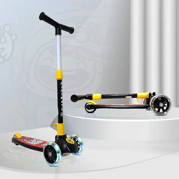 A sleek black kick scooter designed for kids, featuring LED wheel lights that illuminate in vibrant colors. The scooter has a sturdy handlebar and a wide deck for stability, showcased on a clean, modern display.