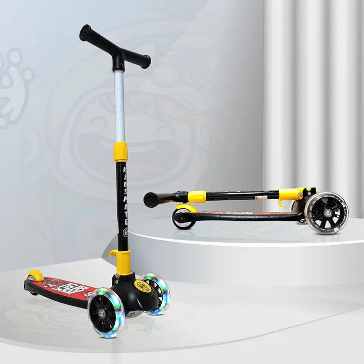 A sleek black kick scooter designed for kids, featuring LED wheel lights that illuminate in vibrant colors. The scooter has a sturdy handlebar and a wide deck for stability, showcased on a clean, modern display.