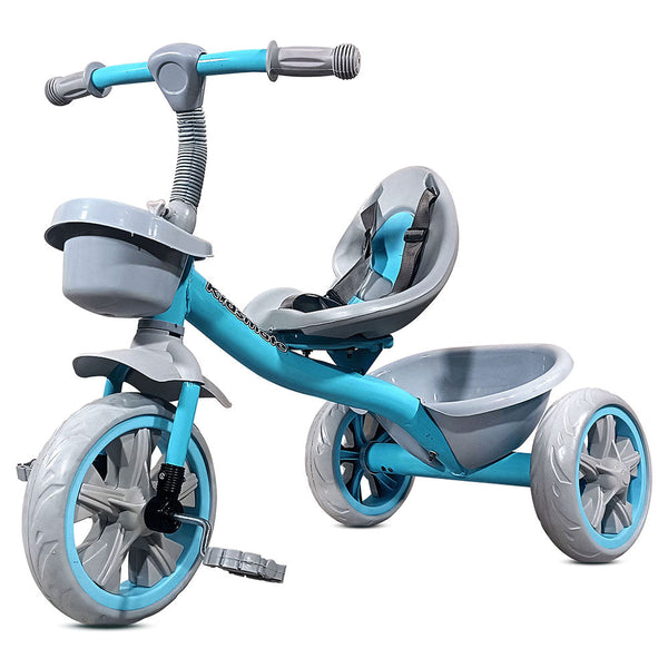 A vibrant blue tricycle designed for kids, featuring a comfortable seat, sturdy wheels, and a front basket for storage. The handlebars are ergonomically designed for easy grip.