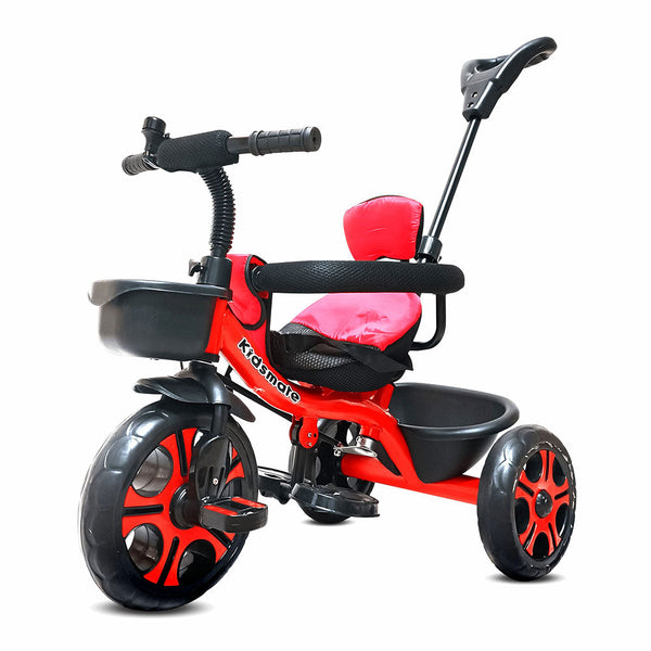 Bright red tricycle designed for kids, featuring a safety guard rail and a comfortable pink seat. Includes a parental control handle for easy steering and maneuvering.