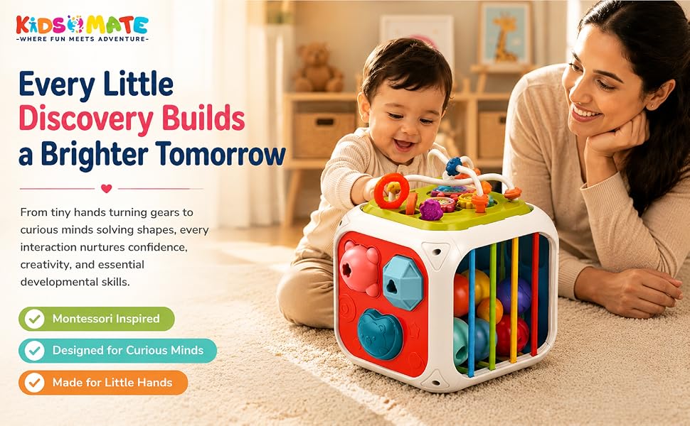 Kidsmate Montessori 7-in-1 Activity Cube with Shape Sorter & Sensory Activities