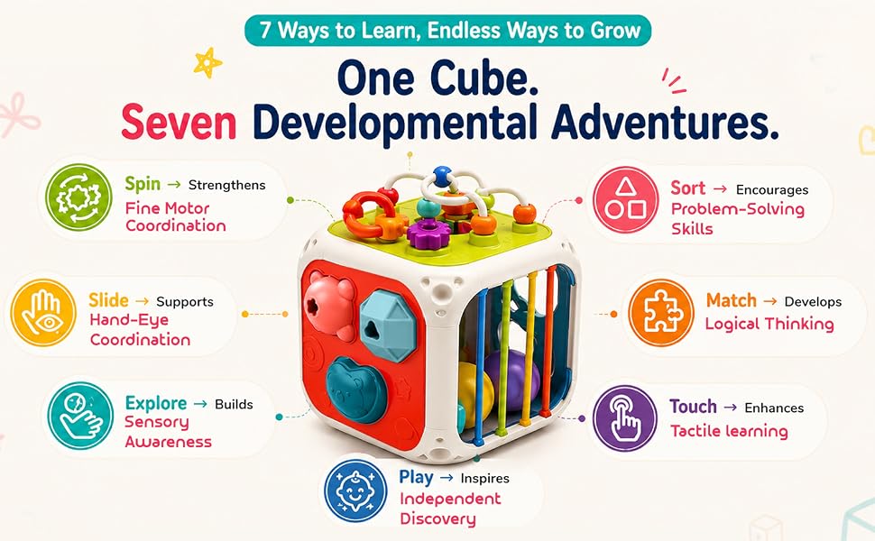 Kidsmate Montessori 7-in-1 Activity Cube with Shape Sorter & Sensory Activities