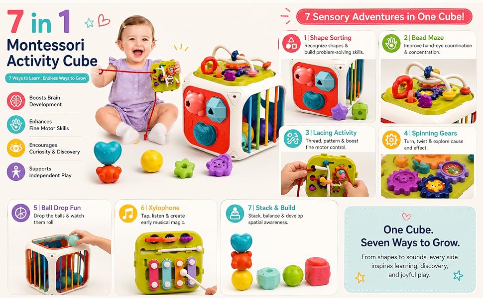Kidsmate Montessori 7-in-1 Activity Cube with Shape Sorter & Sensory Activities