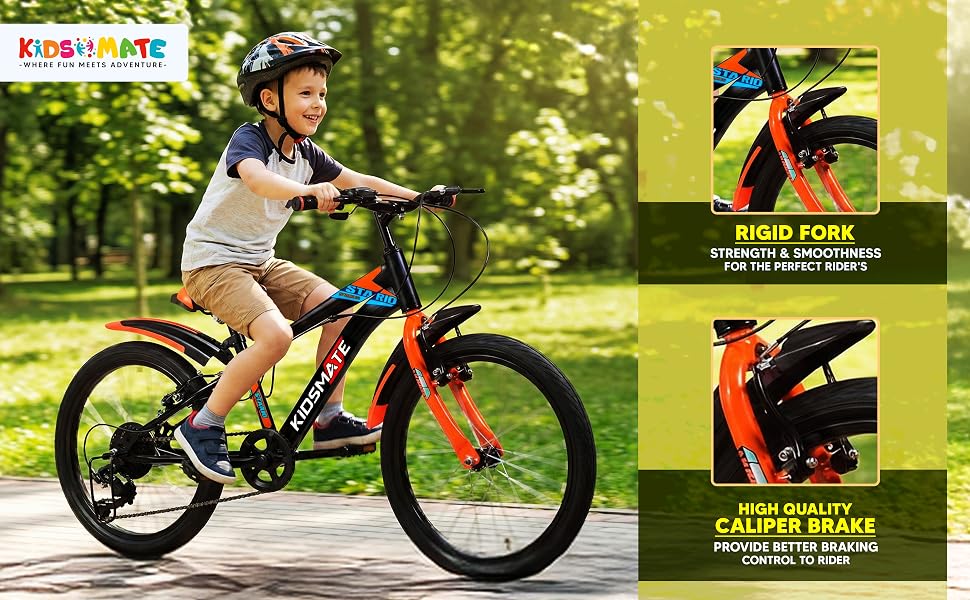 Kidsmate Stario 20T 7-Speed Kids Bike with 12-Inch Steel Frame – Black/Orange