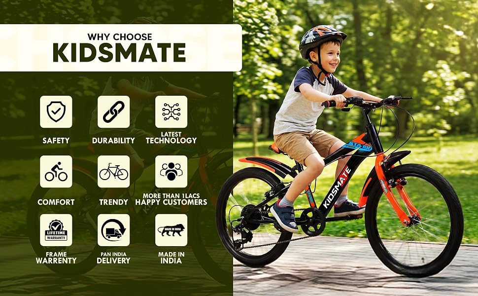 Kidsmate Stario 20T 7-Speed Kids Bike with 12-Inch Steel Frame – Black/Orange