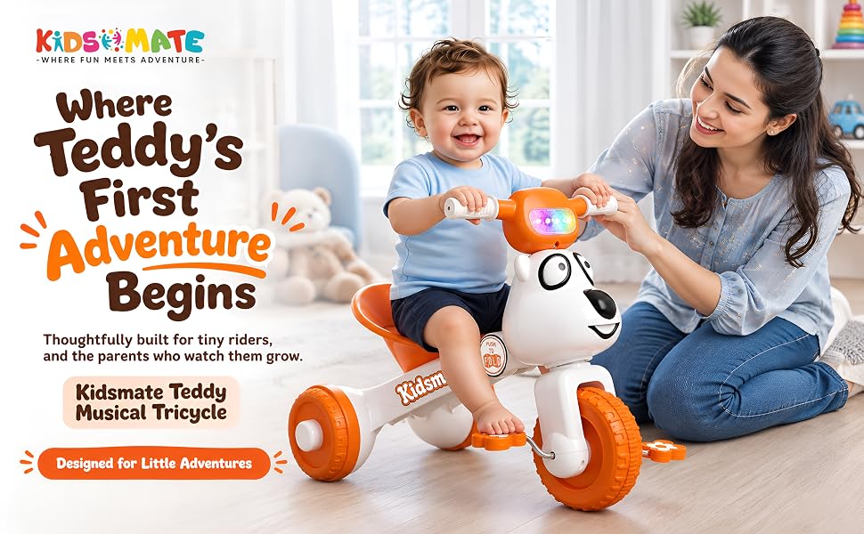 Kidsmate Teddy Musical Foldable Tricycle – White & Orange