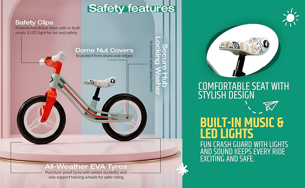 Kidsmate Zippy Balance Bike with Adjustable Seat | EVA Tyres | Music & LED Lights