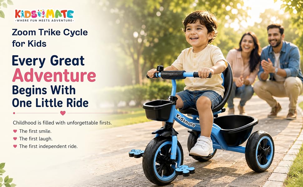 Kidsmate Zoom Trike Kids Tricycle with Backrest & Front and Rear Baskets