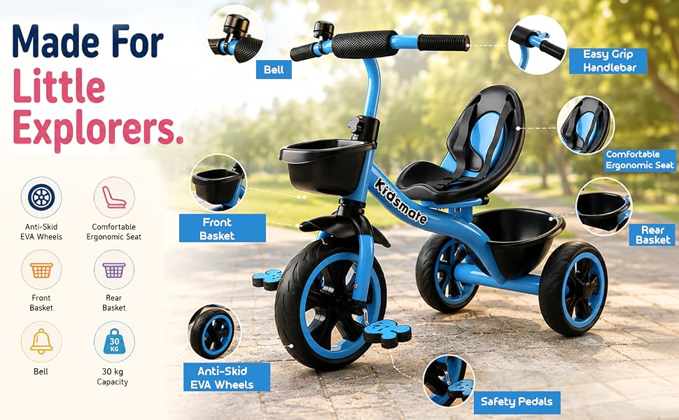 Kidsmate Zoom Trike Kids Tricycle with Backrest & Front and Rear Baskets