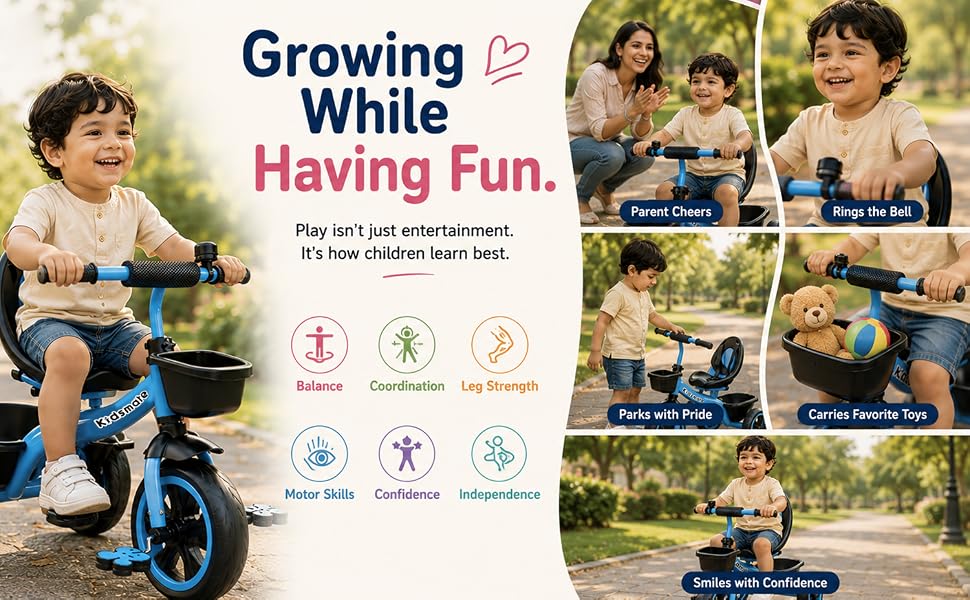 Kidsmate Zoom Trike Kids Tricycle with Backrest & Front and Rear Baskets