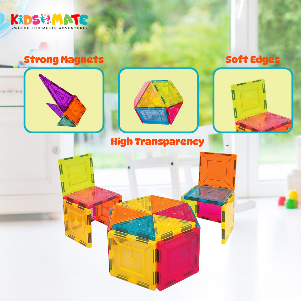 Colorful magnetic tiles in various shapes, including a pyramid and cube, arranged on a bright surface. Features text highlighting strong magnets, soft edges, and high transparency.