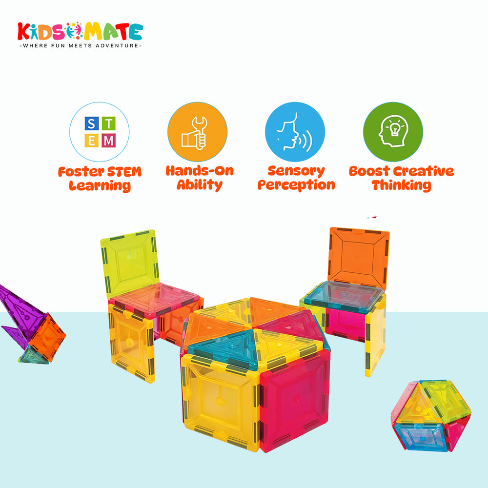 Colorful magnetic tiles in various shapes, including triangles and squares, arranged playfully. Bright hues of orange, blue, green, and pink invite creativity and imaginative play.