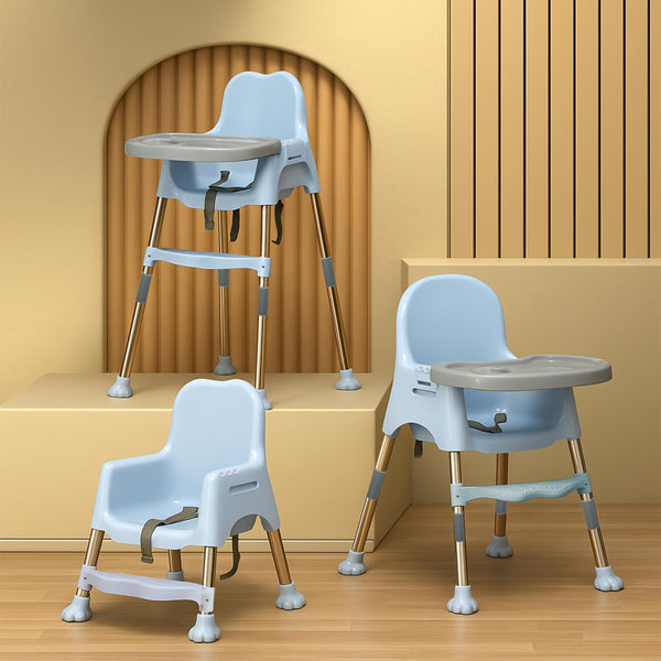 A versatile 3-in-1 baby high chair in soft blue, featuring a removable tray and adjustable height. The design includes a chair and a booster seat option, set against a warm, neutral background.