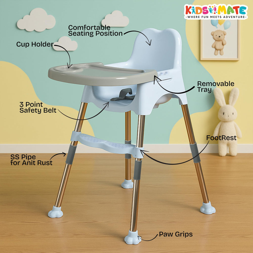 A stylish 3-in-1 baby high chair featuring a comfortable seating position, removable tray, cup holder, and a 3-point safety belt. The chair has a footrest and paw grips for stability, set against a playful background.