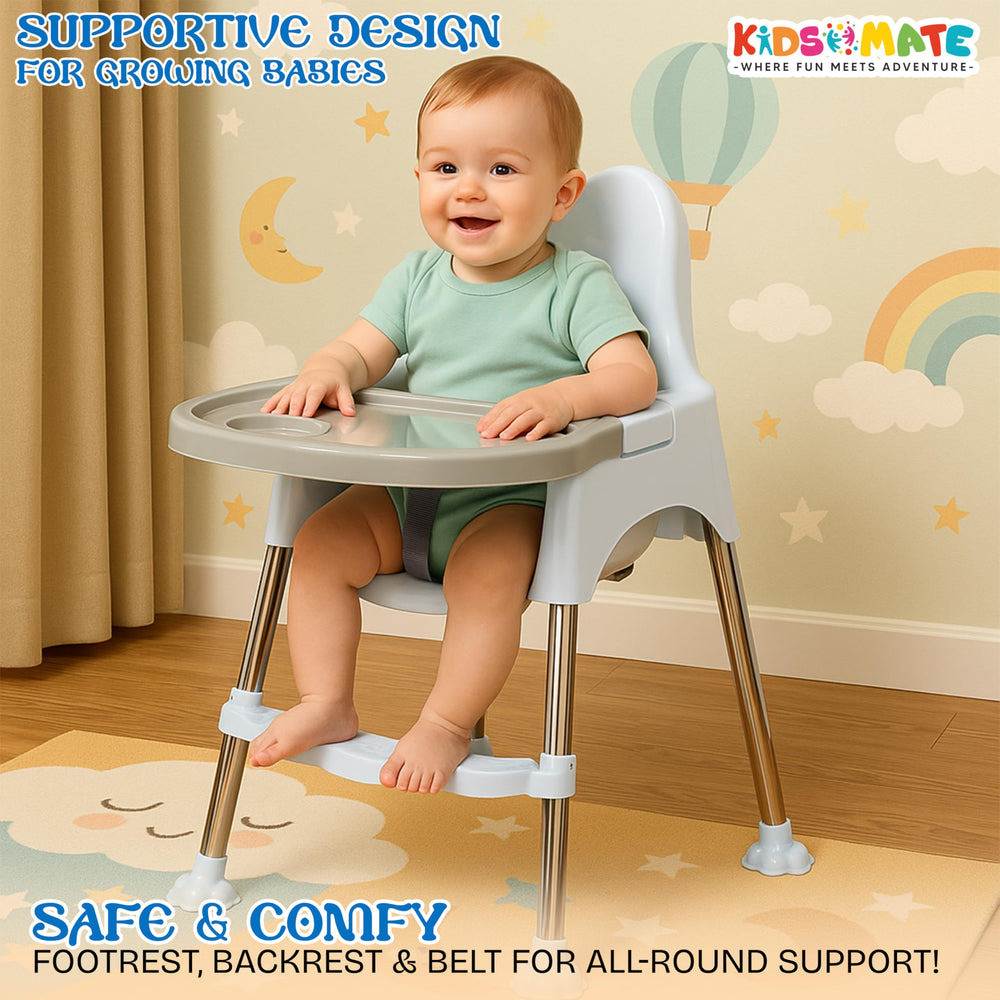A cheerful baby sits in a white 3-in-1 high chair with a gray tray. The chair features a supportive design, with a footrest and safety belt, set against a warm, inviting background.