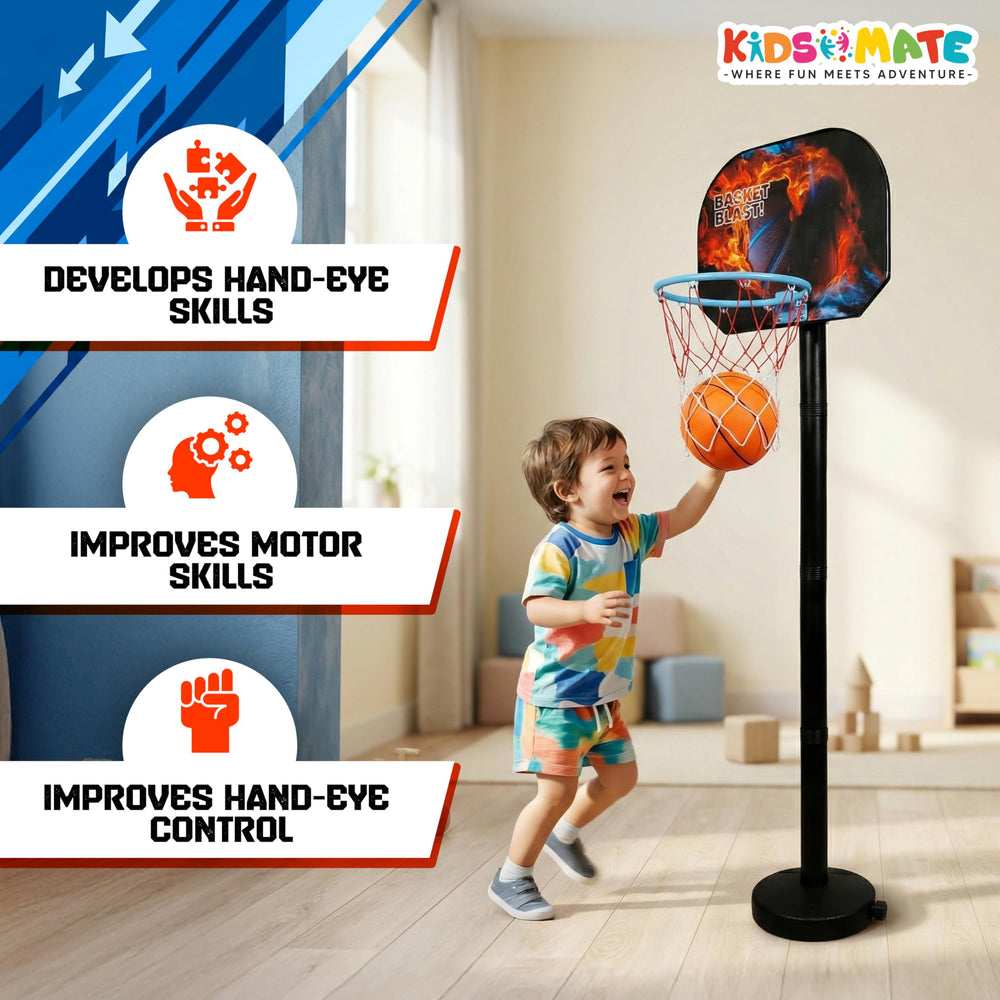 A cheerful child playing with a colorful 3-in-1 basketball play set, featuring a hoop and a basketball. The set is designed to enhance motor skills and hand-eye coordination.
