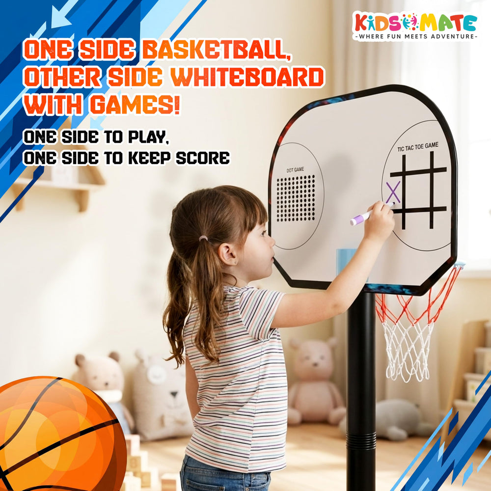 A vibrant 3-in-1 basketball play set for kids featuring a basketball hoop, a whiteboard, and a scoring area. A child is engaged with the set, showcasing fun and active play.