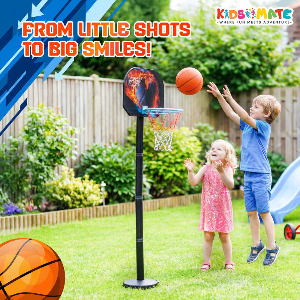 A vibrant outdoor scene featuring a 3-in-1 basketball play set for kids. Two children are playing, one shooting a basketball into the hoop while the other cheers. Colorful basketballs are visible nearby.