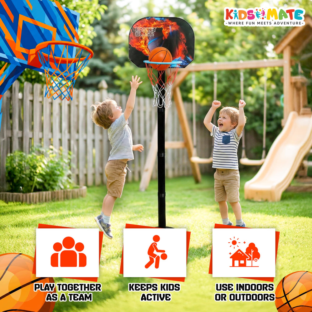 A vibrant outdoor scene featuring two children playing basketball with a Kidsmate 3-in-1 Basketball Play Set. One child is shooting while the other cheers, surrounded by greenery and a sunny atmosphere.
