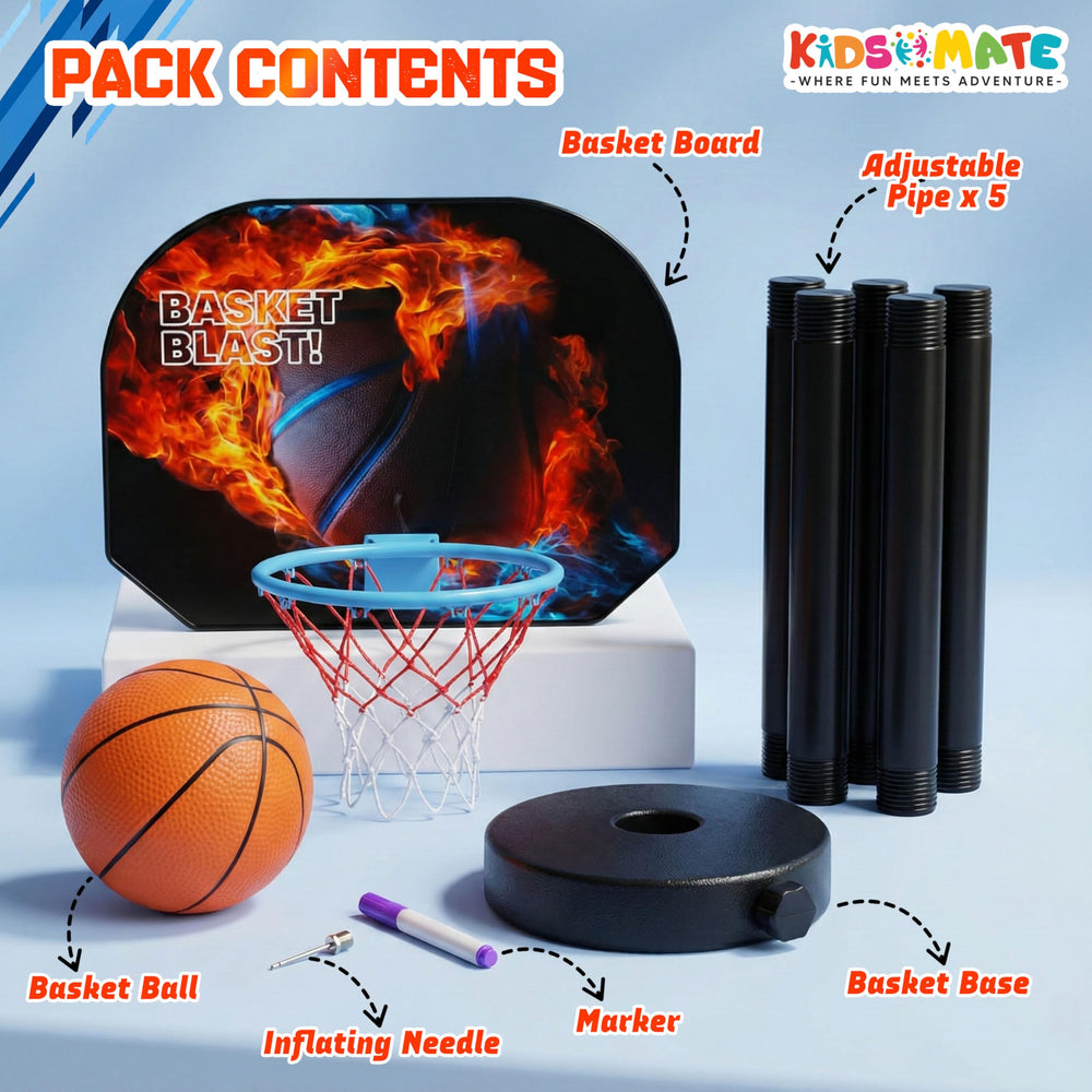 A colorful 3-in-1 basketball play set for kids featuring a vibrant basket board with a fiery design, a basketball, an inflating needle, a marker, an adjustable pipe, and a sturdy base.