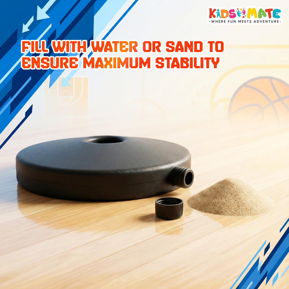 A sturdy black base for a basketball play set, featuring a fillable opening for water or sand, with a small cap beside it. The background includes colorful graphics and a basketball court design.
