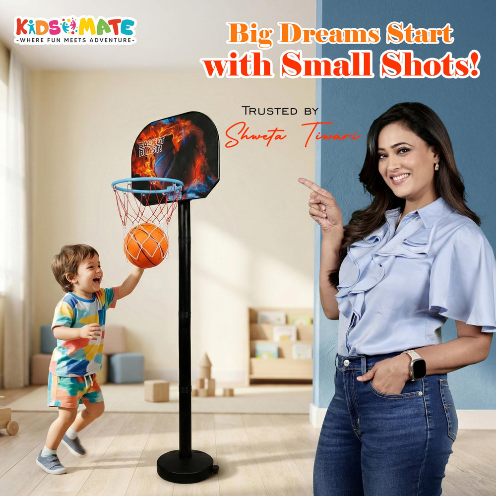 A cheerful child in a colorful shirt shoots a basketball into a hoop on a stand, while an adult woman smiles beside him. The background features bright lighting and a playful atmosphere.