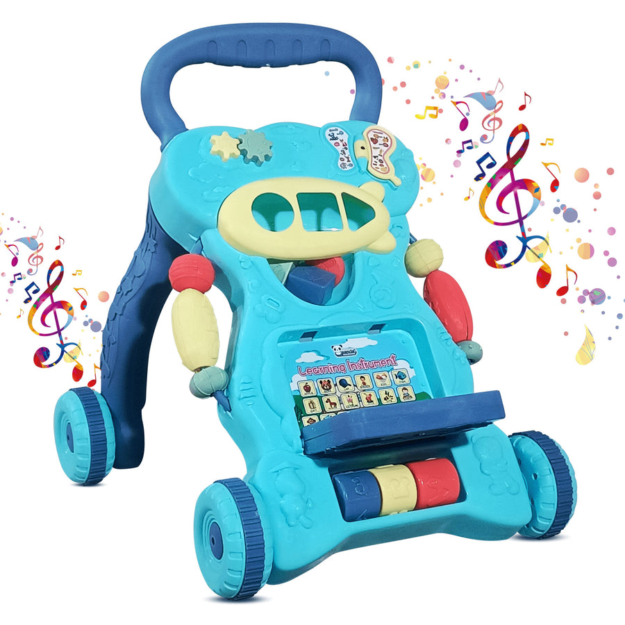 A vibrant blue baby walker featuring LED wheels, colorful beads, and a musical panel with buttons. The design includes playful graphics and musical notes, inviting fun and interaction for babies.