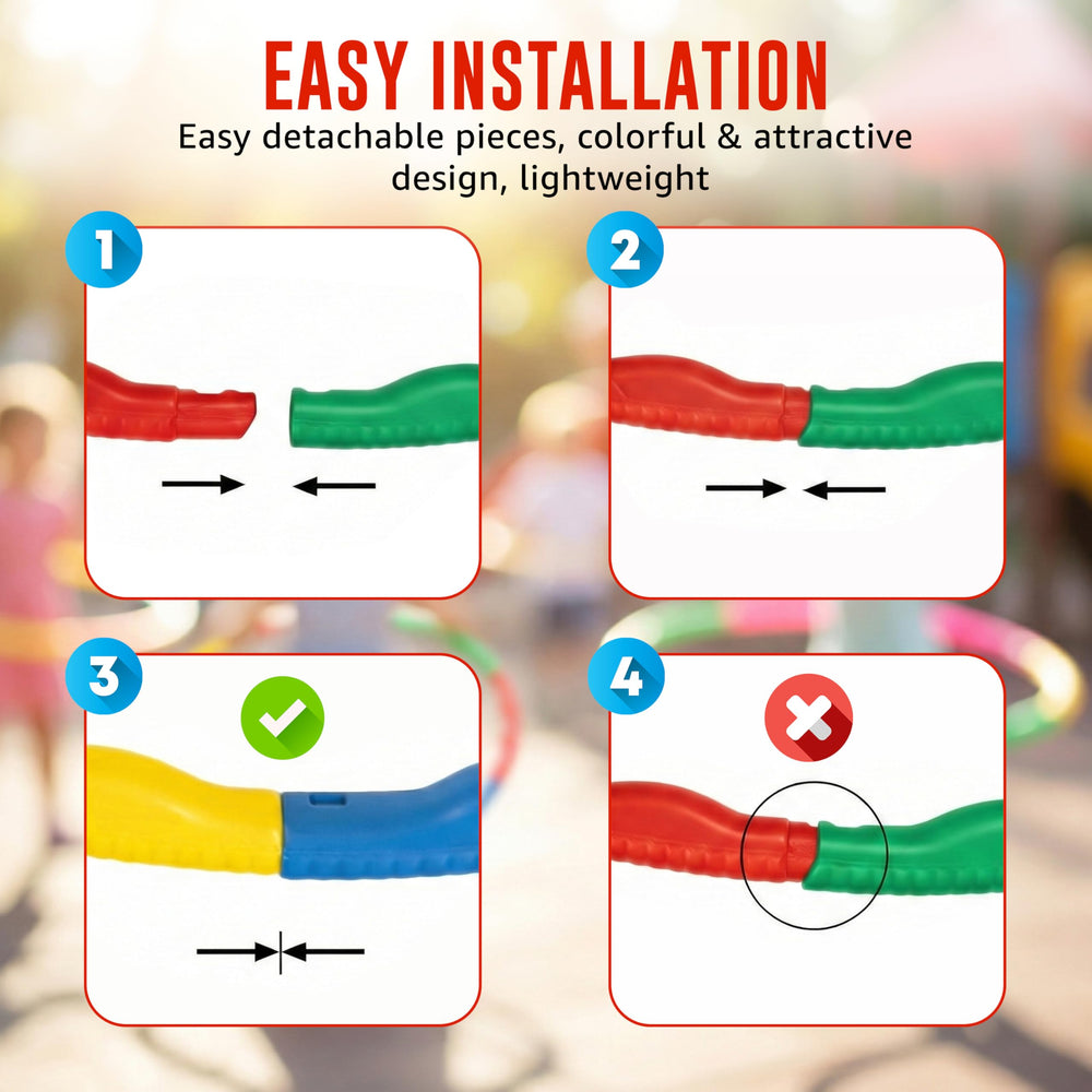 Colorful hula hoop assembly instructions featuring four steps. The first three steps show how to connect colorful segments, while the fourth step indicates a wrong connection. Background blurred with children playing.