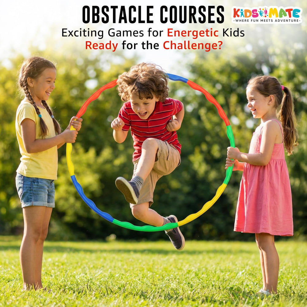 A colorful adjustable hula hoop in vibrant colors, surrounded by two children playing outdoors. One child is holding the hoop while the other is preparing to jump through it, showcasing fun and active play.