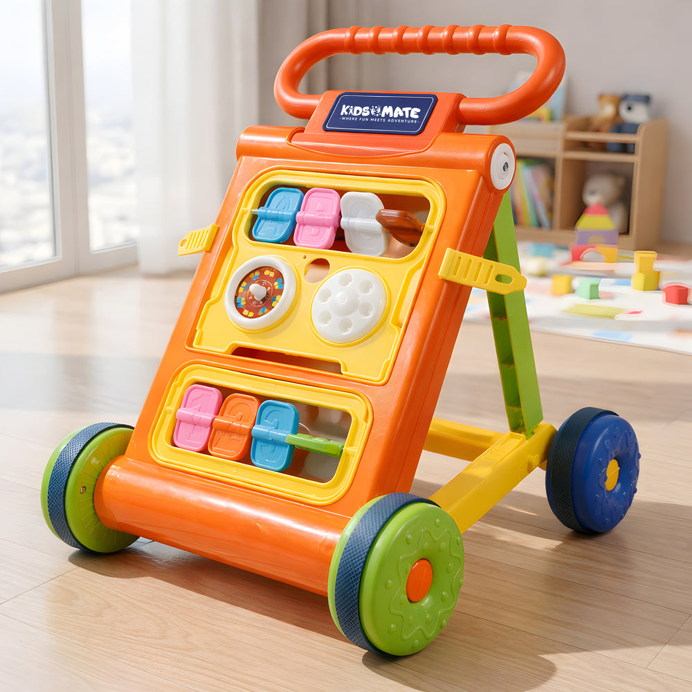 Brightly colored baby activity walker featuring a toy bar with buttons and shapes for interactive play. The sturdy design includes large wheels for easy movement, set in a cheerful indoor environment.