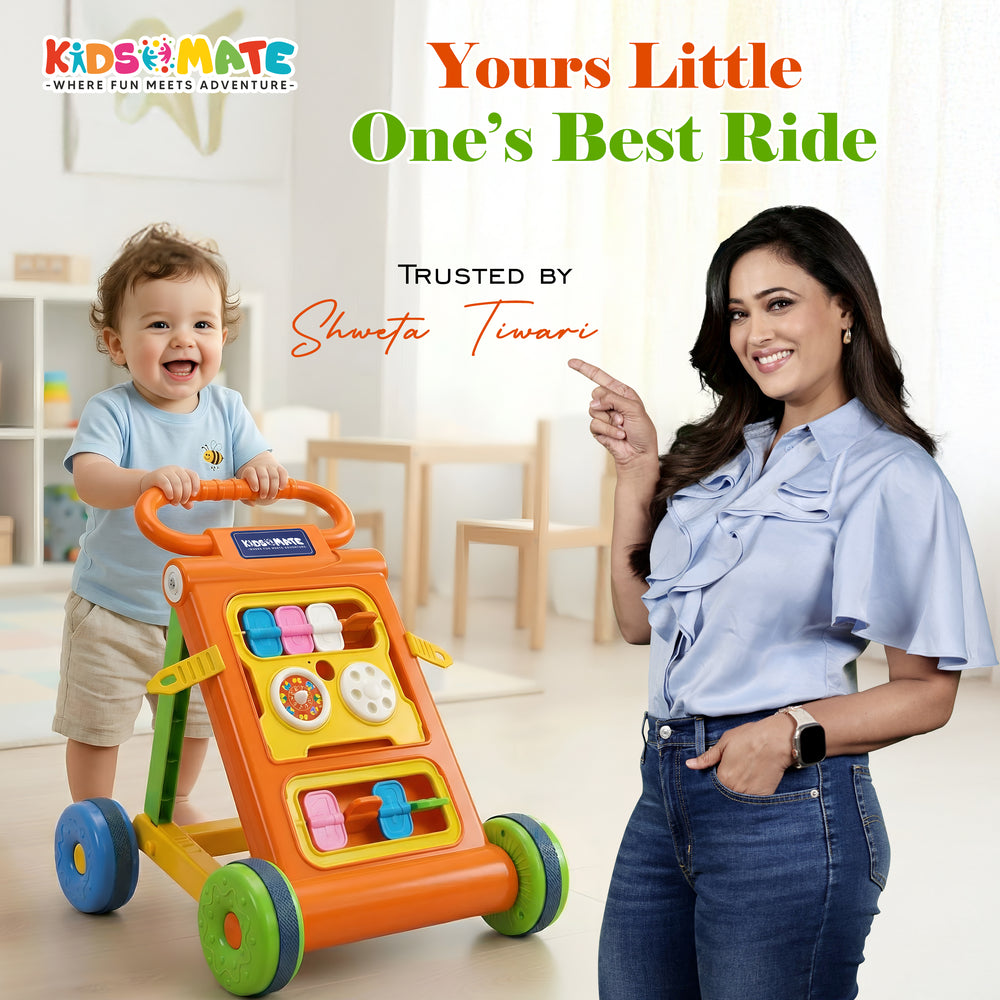A cheerful toddler stands next to a colorful baby activity walker featuring a toy bar with various shapes and buttons. A woman gestures playfully, smiling at the child. The background includes a bright, inviting setting.