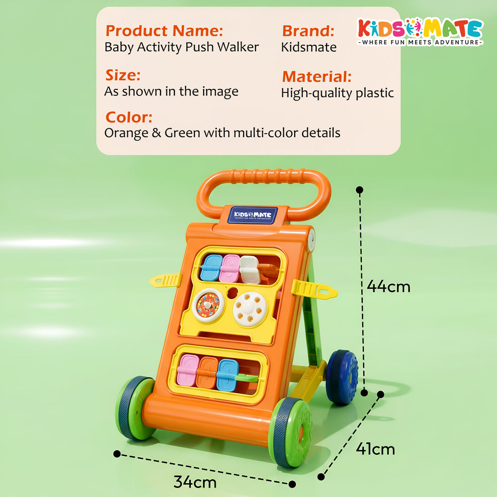 Brightly colored baby activity walker in orange and green, featuring a toy bar with various interactive elements. The walker has sturdy wheels and is designed for fun and development.
