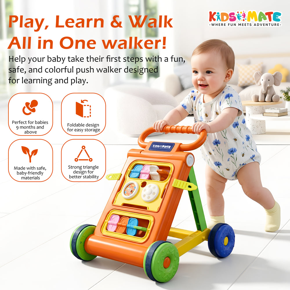 Brightly colored baby activity walker featuring a toy bar with various interactive elements. A smiling child in a playful outfit is using the walker, showcasing its fun and engaging design.