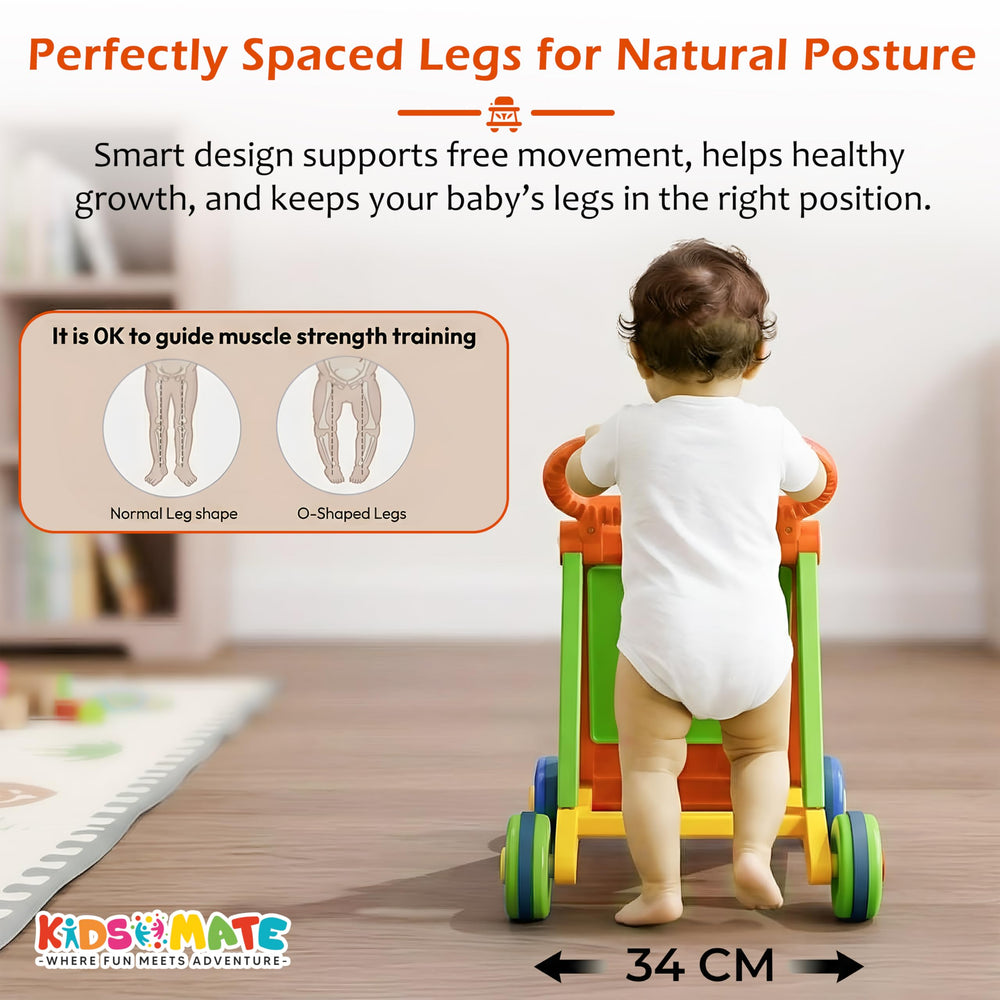 A baby activity walker featuring a colorful toy bar, designed for infants. The walker has perfectly spaced legs for natural posture, promoting free movement and muscle strength training. A child is seen using it.