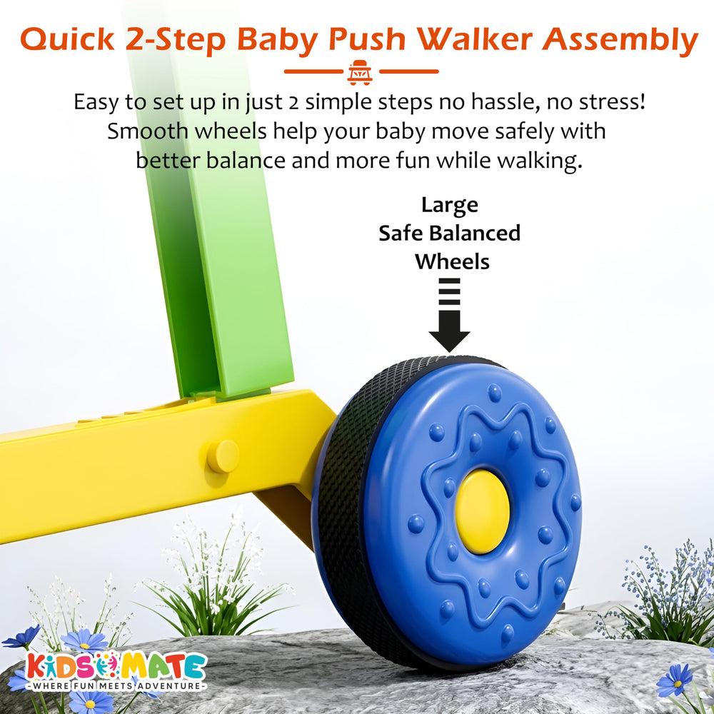 Colorful baby activity walker with a bright yellow frame and large blue wheels. Features a toy bar for added fun, designed for stability and easy movement. Text highlights simple assembly steps.