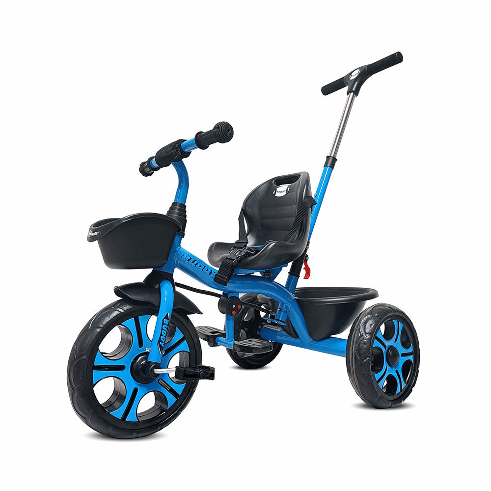 A vibrant blue tricycle designed for kids, featuring a comfortable seat, sturdy wheels, and a push handle for parental control. Ideal for outdoor adventures.