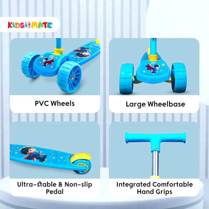 Bright blue Kidsmate Cruiser Kick Scooter featuring PVC wheels, large wheelbase, ultra-stable non-slip pedal, and integrated comfortable hand grips, perfect for kids.