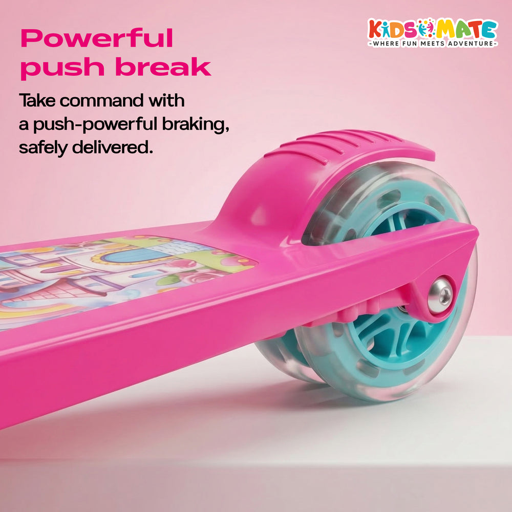 Bright pink kick scooter featuring a colorful deck design and a clear wheel. The scooter highlights a powerful push brake for safe stopping, perfect for kids' adventures.