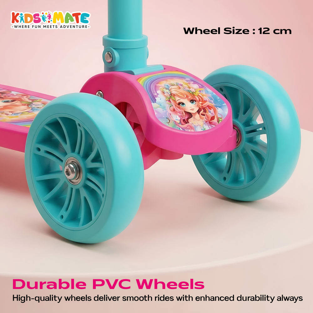 Colorful kick scooter featuring durable PVC wheels and a vibrant design with a character illustration. The wheels are 12 cm in size, ensuring smooth rides for kids.